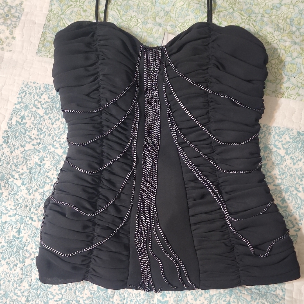 Cache Black Ruched Blouse with Silver Accents